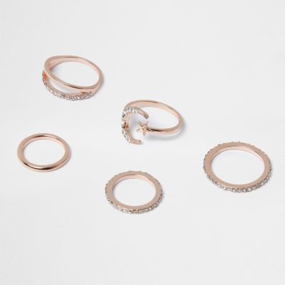 Rose gold tone moon ring pack